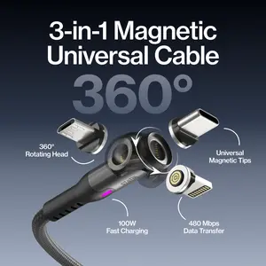 STATIK 360 Pro: 3-in-1 Universal Magnetic Charging Cable | 100W Fast Charge | 480Mbps Data Transfer | 360 Rotating Head | USB-C, Lightning & Micro-USB | iPhone, Android & More
