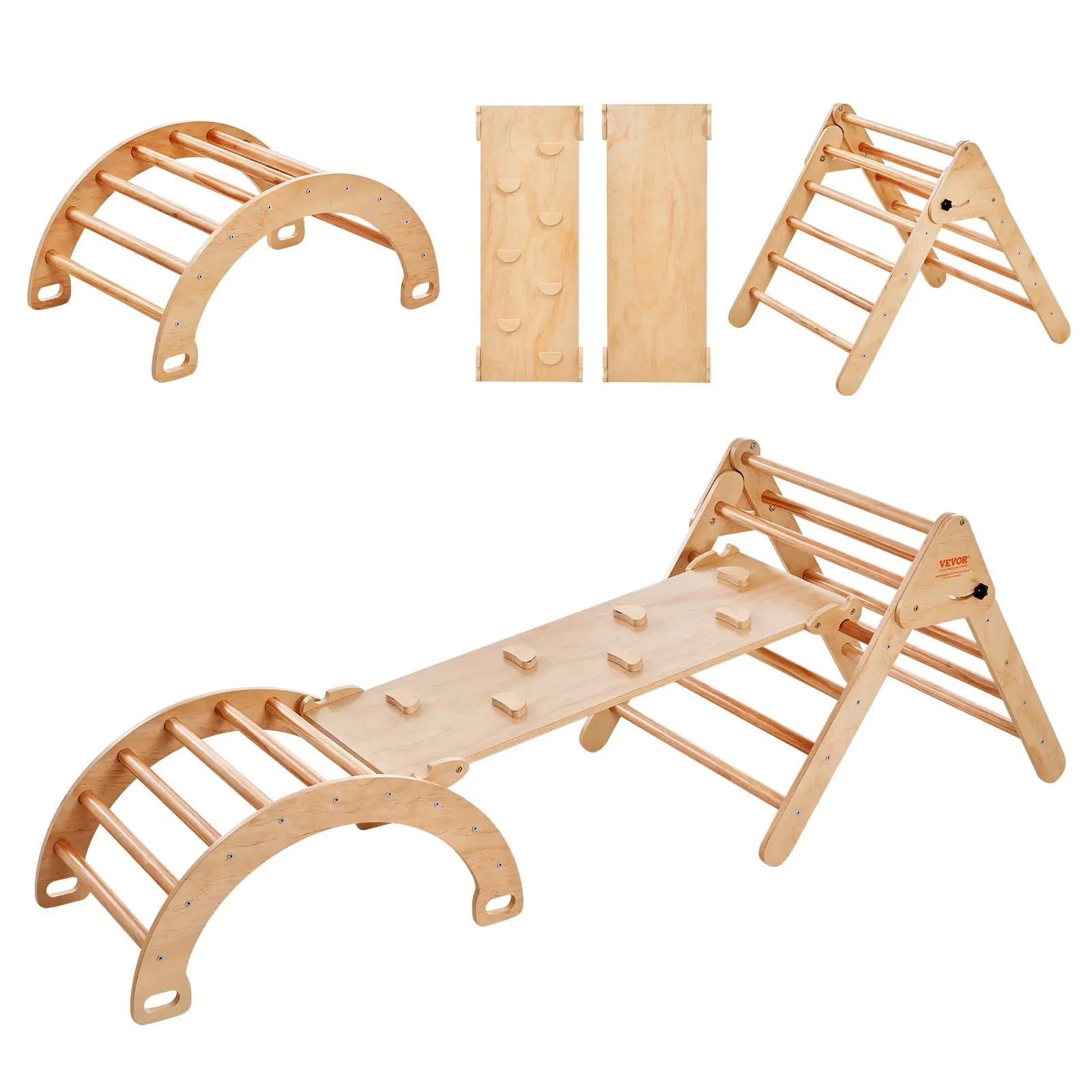 【Summerfinds】VEVOR Pikler Triangle Set 5 in 1 Toddler Climbing Toys Indoor PlaygroundRampand ArchMontessori Climbing Set with TriangleLarge Size Wooden Climbing Gym for Toddlers 1-3 YearsWood Color