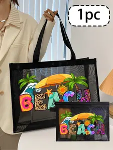 A black mesh tote bag and pouch set featuring a beach-style colorful letter print design. Portable cosmetic bag, beach bag, transparent storage bag, skincare bag, toiletry bag, women's beach tote bag – the perfect gift for friends and teachers.