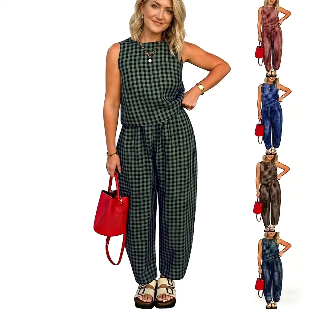 Women's 2-Piece Plaid Casual Set - Short Sleeve Crop Tank Top & High Waisted Baggy Pants, Breathable Thin Summer Lounge Style Clothes, Matching Sets For Women