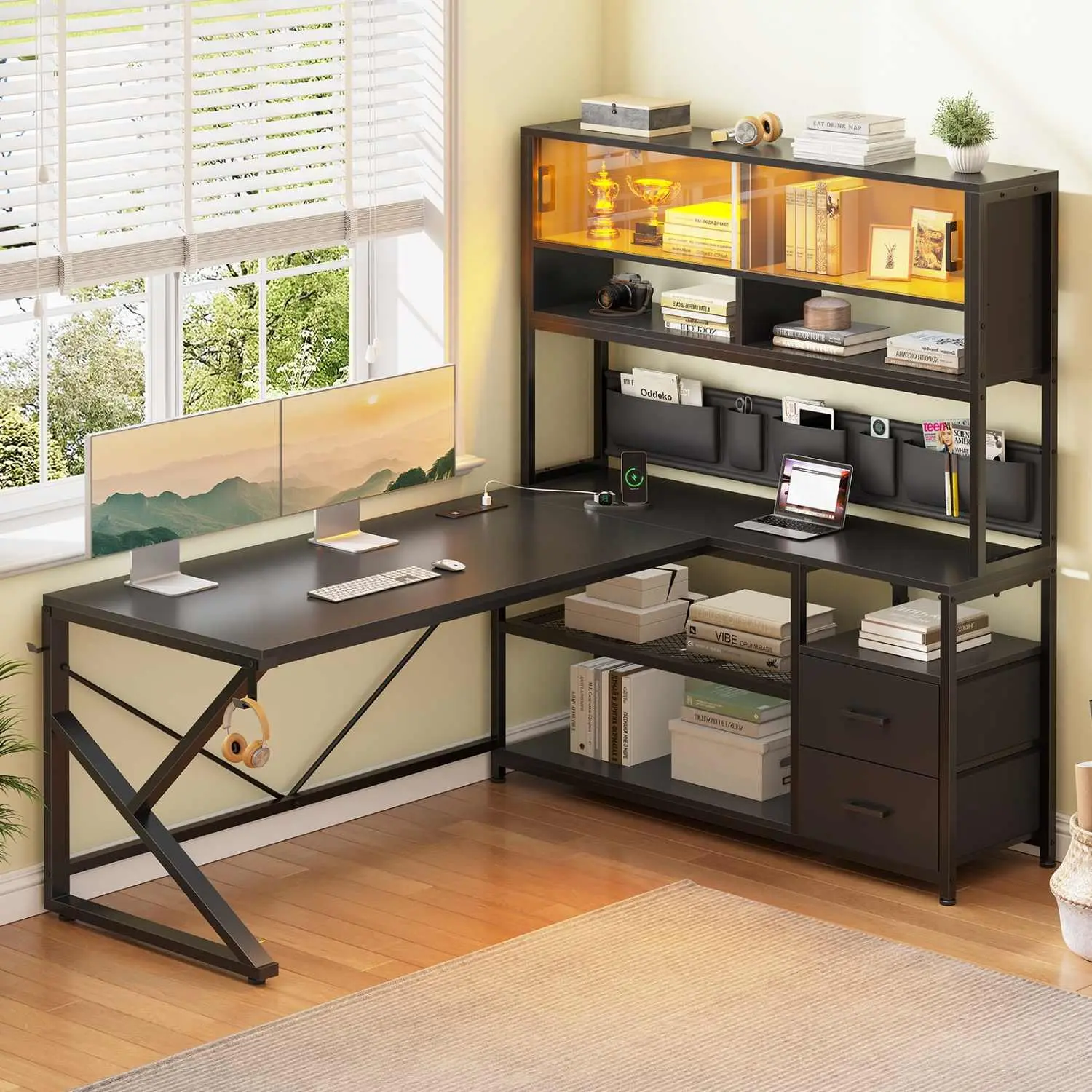 SIKAIC L Shaped Gaming Desk with LED Lights, Black Corner Computer Desk with Storage & Bookshelf