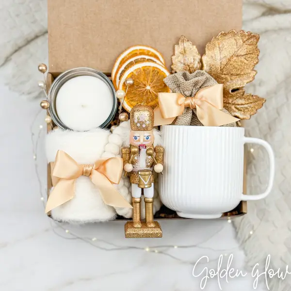 Golden Glow Holiday Gift Box – Candle, Mug, Cozy Socks, Nutcracker & Dried Oranges | Christmas Gift Basket, Winter Care Package, Corporate Employee Appreciation, Teacher Thank You, Birthday Present for Women, Men, Friends, Clients, Staff, Self Care