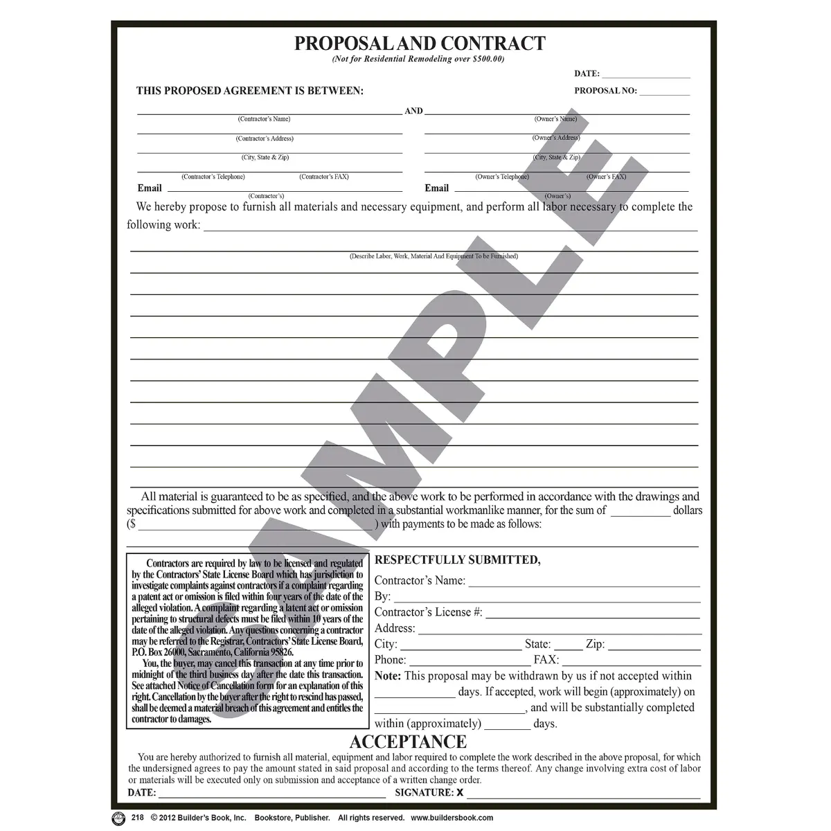 218 - Proposal and Contract (Pack of 25 Forms)