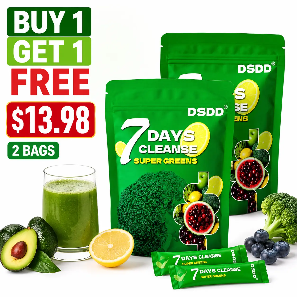 (Buy 1 Get 1 Free) DSDD 7 Days Cleanse Super Greens + Moringa 3-in-1 Powder for Skin Hair & Gut Health Digestive Support Nutrient Absorption Detoxify Function Natural Supplement Dietary Fitness Wellness Boost Healthcare