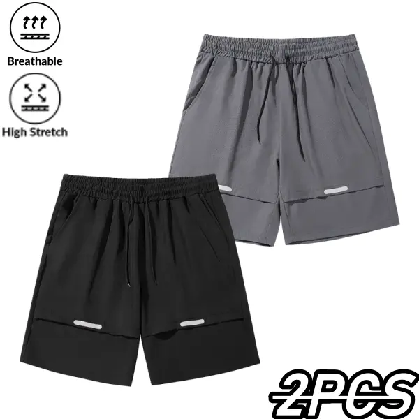 Men’s new breathable, high stretch athletic shorts two pack featuring a breathable, high stretch fabric with an adjustable drawstring waistband and reflective strips for decoration, suitable for men’s everyday training or night runs. casual lightweight ti