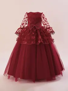 Girls' Vintage Flower Appliques Bowknot Design Fit & Flare Floral Dress, Elegant Faux Pearls Decor Long Sleeve Round Neck Contrast Lace Dress for Party, Birthday Dresses, Kids Clothes for All Seasons
