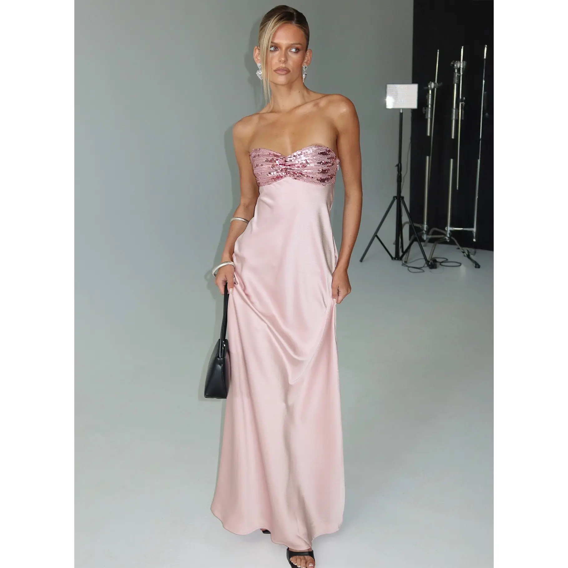 See The Vision Sequin Bust Strapless Maxi Dress Pink