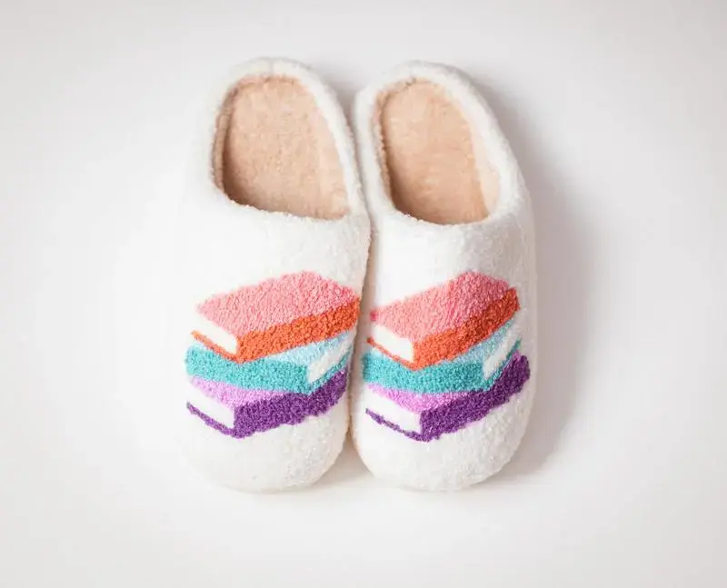 Book Stack Slip-On Slippers for Women - Preppy Aesthetic Cotton Plush House Shoes, Soft Faux Fur Lining, Non-Slip Sole, Cozy Warm Indoor Use, Thoughtful Gift for Girlfriends