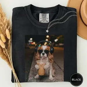 Comfort Colors Funny Cavalier Drinking Iced Coffee Shirt, Animal Meme Tee, Dog Lover Gift, Funny Spaniel Shirt, Coffee Lover Tee, Dog Mom Gift CS