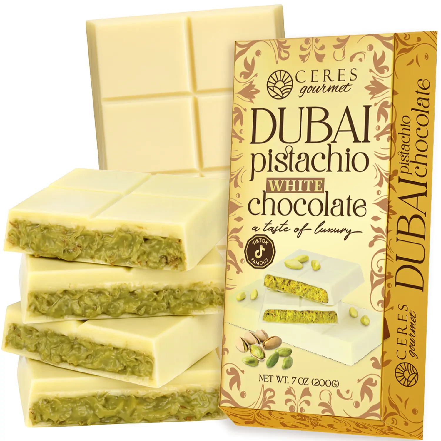 Dubai Chocolate Bar | White Chocolate Kunafa Pistachio Bar 7oz | TikTok Dubai Chocolate Bar | White Chocolate Kunafa Pistachio Bar 7oz | TikTok