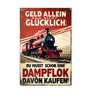 2D Flat - 1pc Red Steam Locomotive On Tracks With Bold Text Above And Below In German Language On Vintage Style Metal Sign Background Metal Tin Sign Vintage Iron Wall Art with Floral Accents, Perfect for Home, Porch, Garden, Cafe, Bar, and More,
