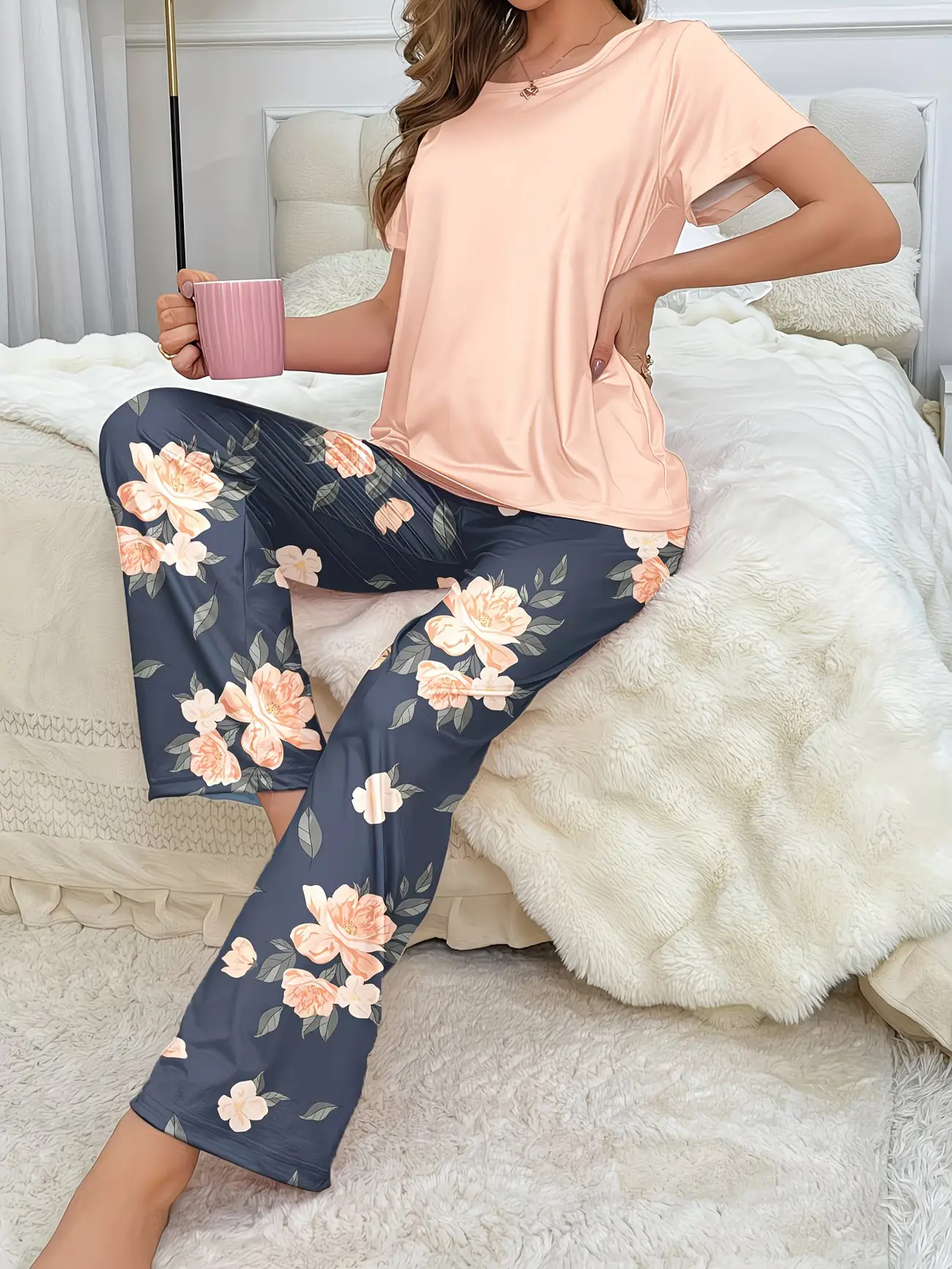 Women Solid Peach Short Sleeve Top & Floral Print Long Pants Pajama Set Soft Comfy Casual Loungewear Relax Fit Night Sleep PJs Outfit Pajamas Sets Womenswear