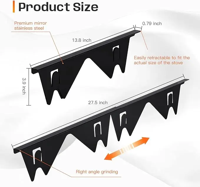 [SUPAFA] Stainless Steel Stove Gap Guards, Telescoping Range Trim Kit (2pc) - Heat Resistant, Easily Clean, Adjustable 13.8" to 27.5" Width, 0.79" Size, Gas Hose Compatible, Telescoping Design