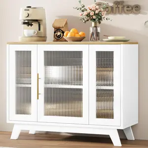 【GARVEE】Accent Storage Cabinet, 36'' Sideboard Buffet Cabinet with Fluted Glass Door and Adjustable Shelf, White Coffee Bar Cabinet for Kitchen, Dining Room, Living Room, Natural