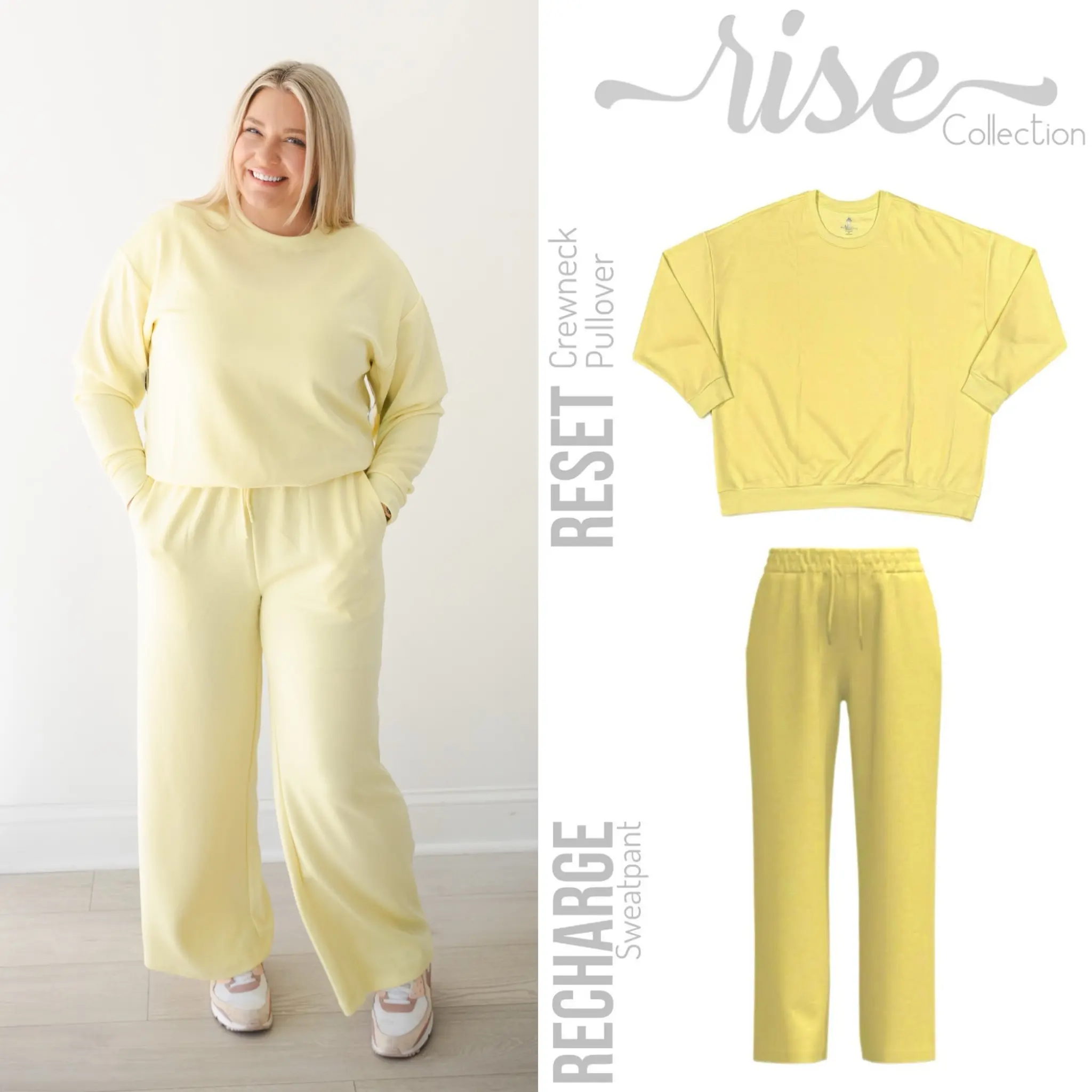 RISE Collection RESET Crewneck Pullover & RECHARGE Sweatpants Set in Soft Yellow for Comfortable Wear