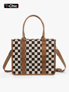 Large Capacity Fashion Checkered Tote Bag for Women, Large Women'S Casual Plaid Crossbody Shoulder Bag with Adjustable Detachable Strap, Daily Commuting Bag, Zip Closure, Nylon&PU, Shopping, Outdoor Activities, Parties, Stylish, Pu Tote Satchel