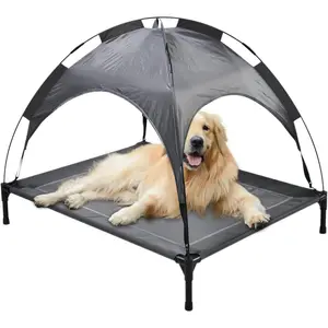 Elevated Outdoor Dog Bed with Sunshade Portable Gray Pet Cot for Camping Travel