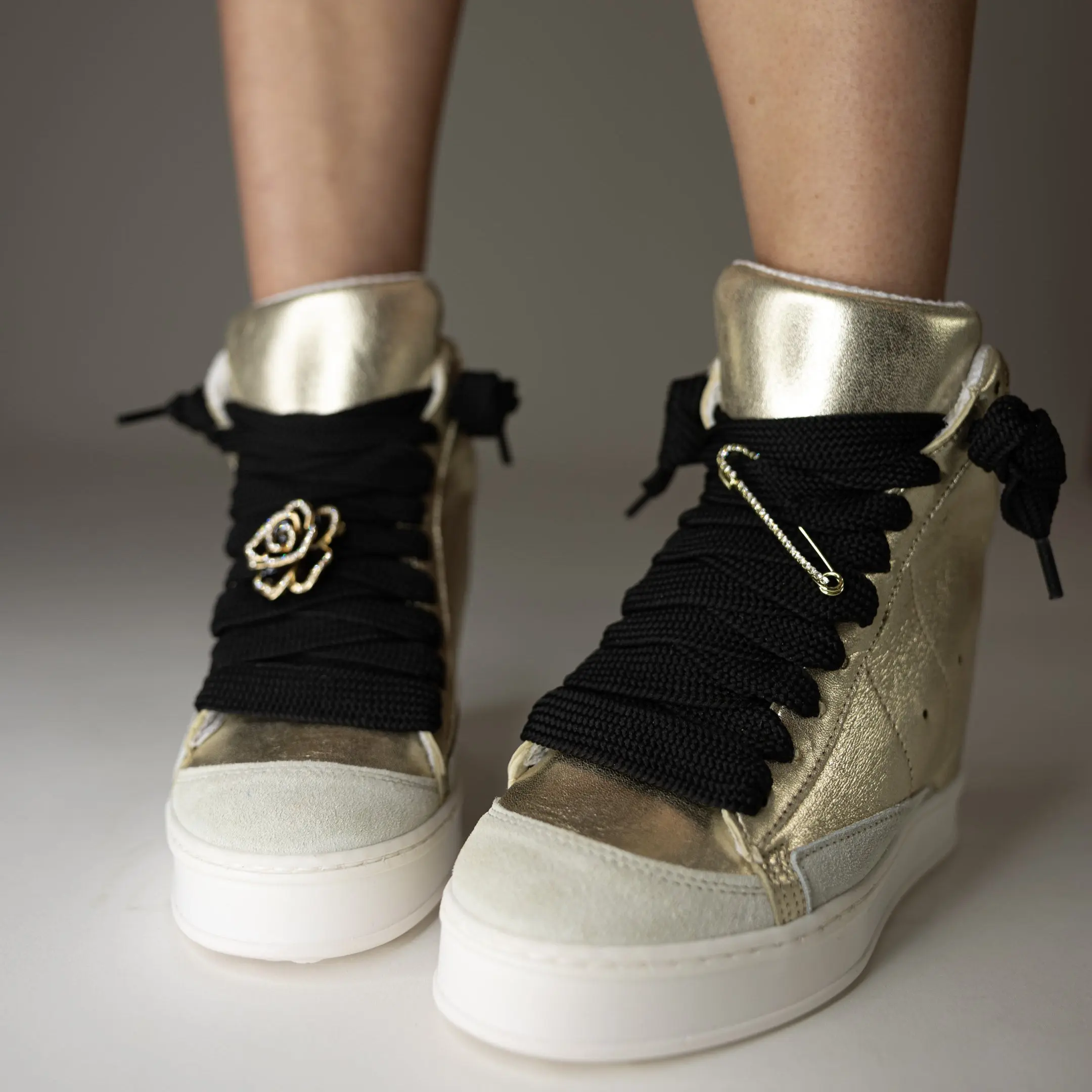 Cynthia Metallic Gold Sneaker | Lightweight Lace-Up Sports Shoes, Trainer Sneakers with Crystal & Chain Detail, Handcrafted Italian Nappa Leather, Hidden Wedge for Comfort