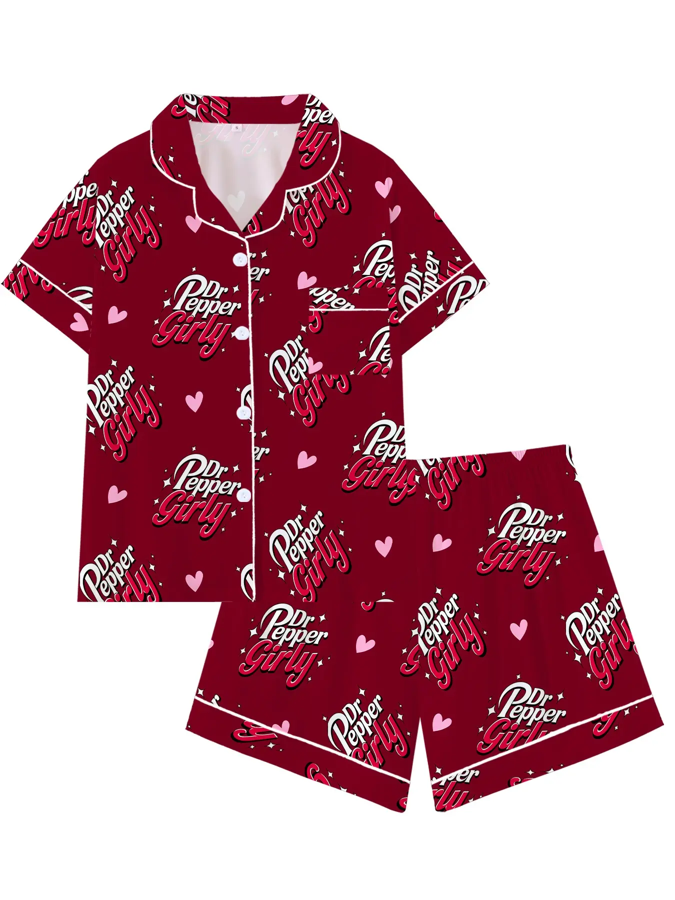 Soda Girly Aesthetic Graphic Pajama Set | Cute Cherry Red Sleepwear with Heart Print | Y2K Novelty Short Sleeve Button Down Lounge Outfit | Aesthetic 2-Piece Summer PJs | Fun Sleepover Nightwear Gift for Women | Loungewear Pyjamas