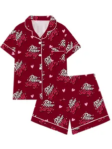 Soda Girly Aesthetic Graphic Pajama Set | Cute Cherry Red Sleepwear with Heart Print | Y2K Novelty Short Sleeve Button Down Lounge Outfit | Aesthetic 2-Piece Summer PJs | Fun Sleepover Nightwear Gift for Women