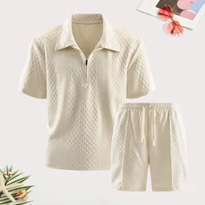 Men’s solid-color polo shirt and drawstring shorts set—comfortable, breathable two-piece outfit for everyday outdoor wear in summer men’s clothing.