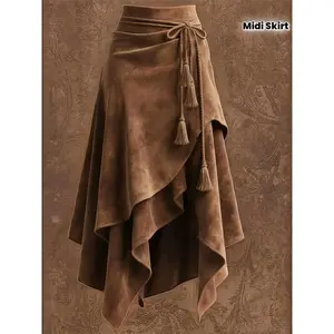 Women's Vintage Western Irregular Cut Midi Length Sports Skirt, Tie Waist, Tassel Detail - ZLLZ