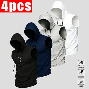 Men’s sleeveless hooded athletic tank top, street-style cross print fitness tank