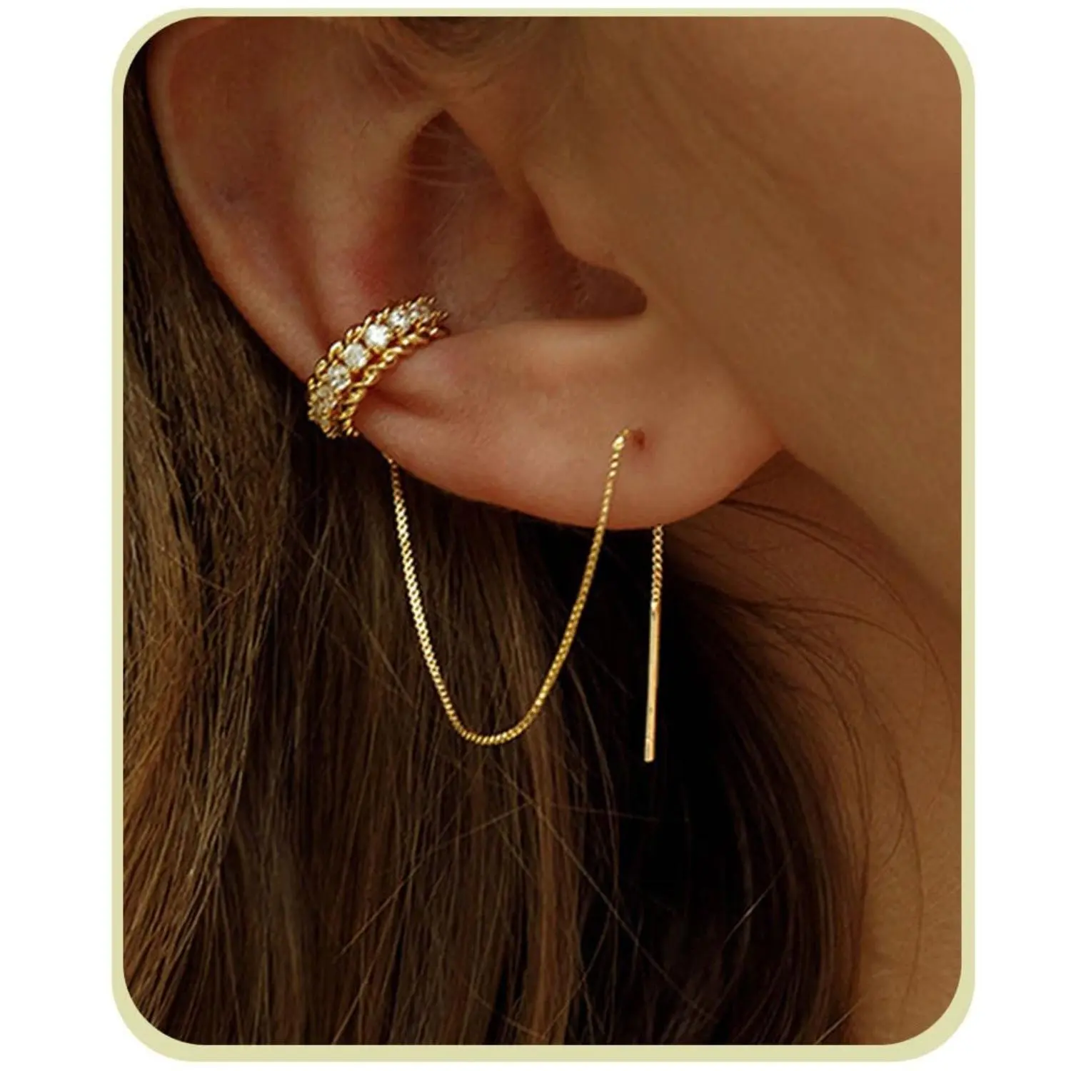 Trendy Dainty Chain Threader Earring & Rhinestone Ear Cuff Combo, No Hole Ear Clip Long Chain Drop Ear Jewelry, Elegant Gold Ear Ornaments for Ladies Party Holiday Present