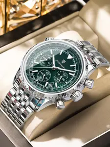 Business Fashion Round Dial Analog Quartz Watches for Men, Trendy Multifunctional Watch, Waterproof Luminous Date Chronograph Watch, Stainless Steel Watch for Men Gifts, with Box