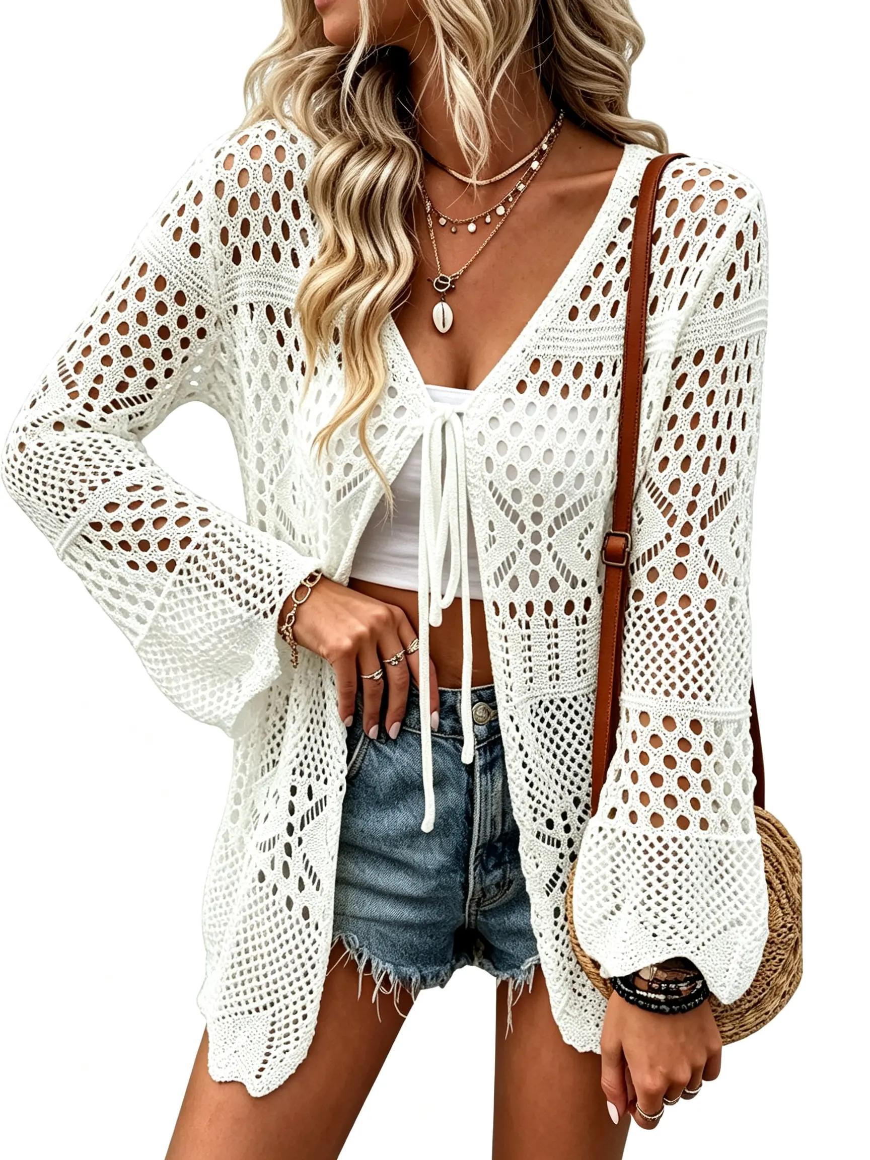 2026 Women Hollow Out Knit Beach Cover Up Cardigan, Long Flare Sleeve Drawstring Front Open Knit Sweater, Summer Breathable Acrylic Swimsuit Cover Up Sun Protection Top, S-2XL 8 Colors