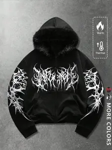 Unisex Y2K Gothic Angel Print Hooded Jacket, Hat with warm fleece lining,Fleece Lined, Zipper Design, Street Fashion, Warm and Stylish, Outdoor and Daily Wear
