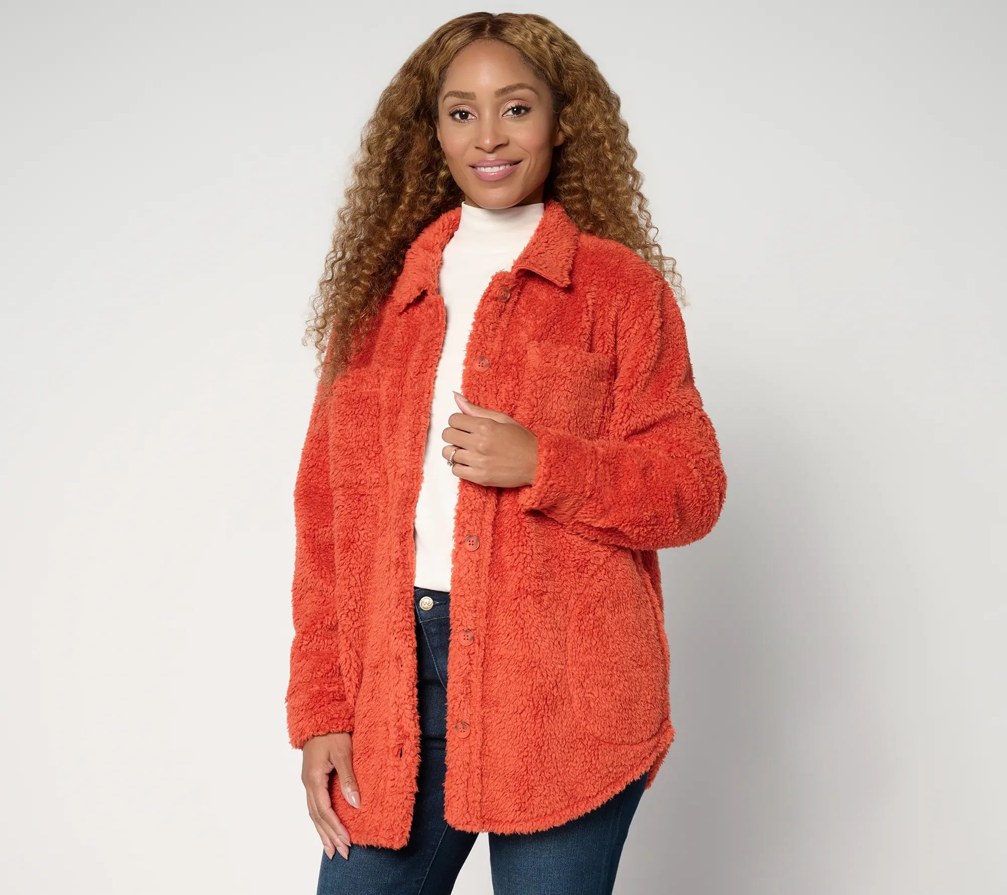 Belle by Kim Gravel Petite SophisticChic Horn Button Sherpa Shacket