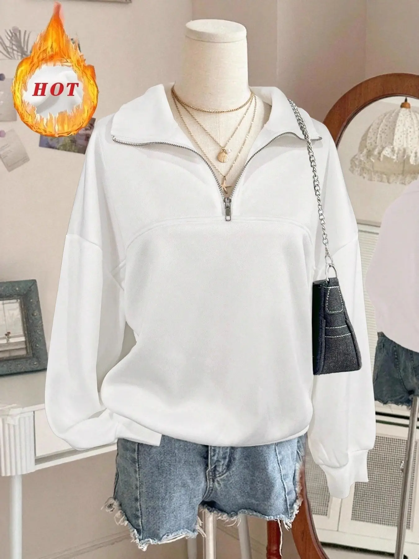 Women's Y2K Style Loose Fit Baggy Half-Zip Collared Long Sleeve Knit Pullover Hoodie Sweatshirt Tops Knitwear, Casual Trendy Design for Fall & Winter, Perfect for Daily Wear & Campus