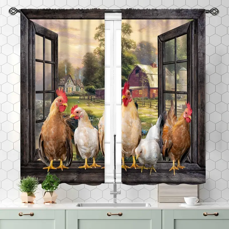 Blackout Window Curtains - 2 Panels Rooster Chicken Pattern Ruffle Boho Drapery Window Hanging, Farmhouse Rustic Room Decor, Small Short Treatments for Bedroom Living Room