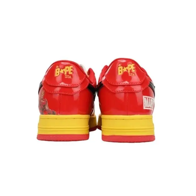 Glossy Red Yellow Patent Leather Low Top Sneakers Black Star Appliqué Yellow Fabric Laces Red Rubber Outsole Lace-Up Skate Shoes For Superhero Themed Outfits Street Styling Comic Events Daily Urban Errands