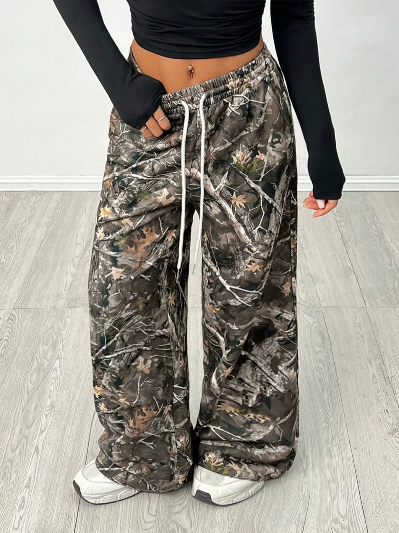 Women's Vintage Street Style Camouflage Knit Joggers with Drawstring Waist, Loose Fit for All Seasons, Comfortable Casual Sports Pants, Baggy Jogging Pants, Athleisure Style Bottoms