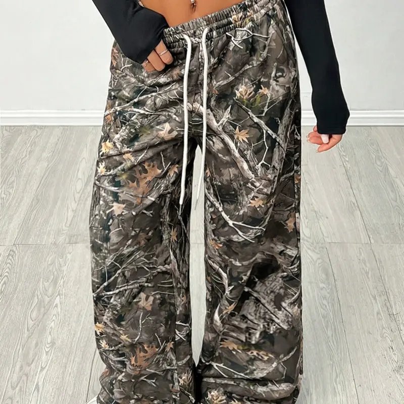 Women's Vintage Street Style Camouflage Knit Joggers with Drawstring Waist, Loose Fit for All Seasons, Comfortable Casual Sports Pants, Baggy Jogging Pants, Athleisure Style Bottoms