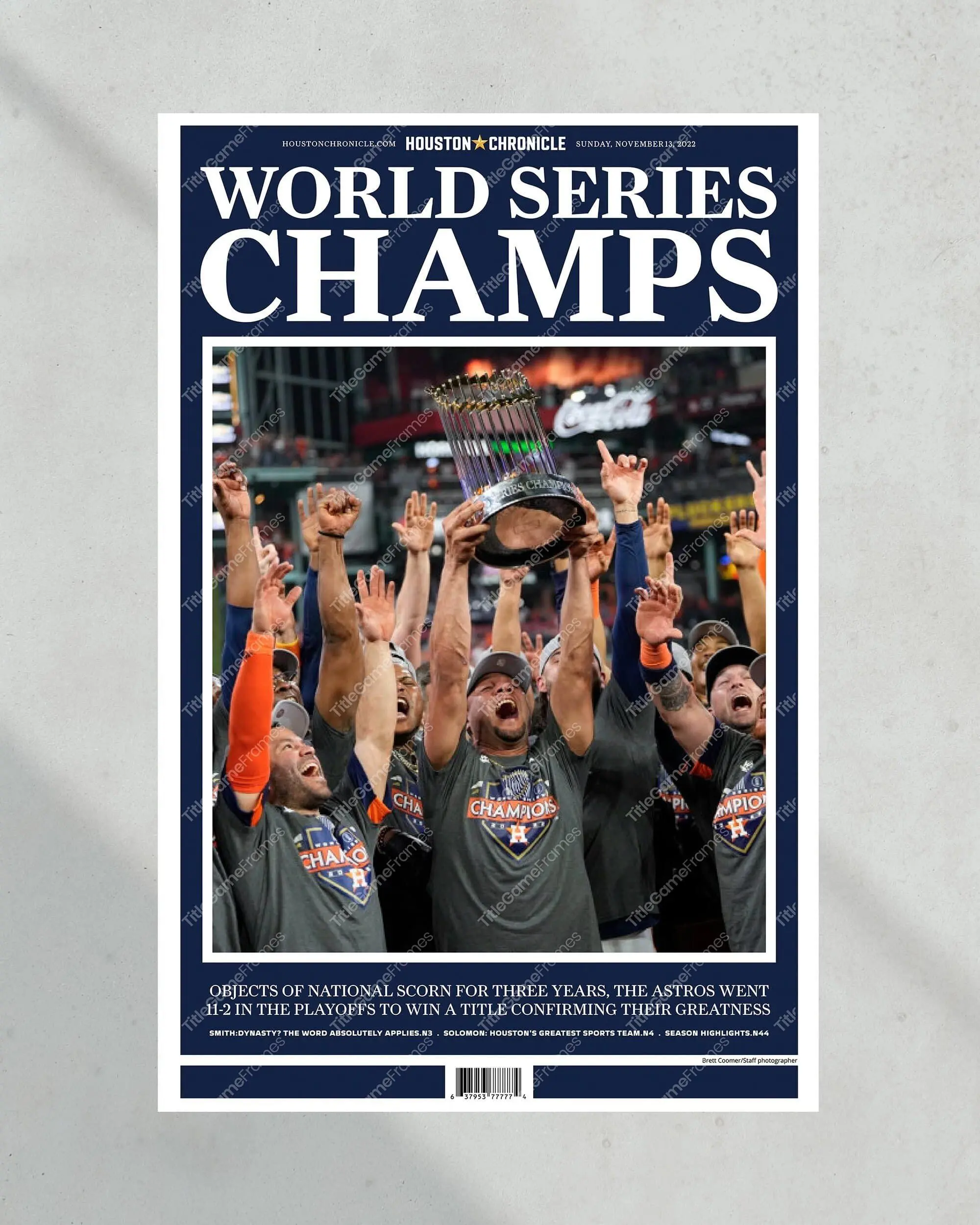 2022 Houston Astros 'WORLD SERIES CHAMPS - Commemorative Front Page Poster( Unframed - Print Only )