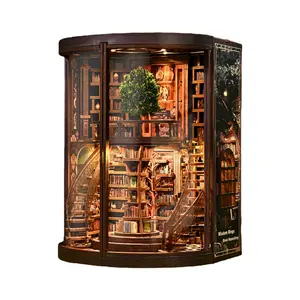 Wooden Bookshelf DIY Model Kit,Vintage Abstract Renaissance Style DIY Hut 3D Hand-Assembled Booklet Toy House,3D Puzzle Country Style Wooden Shelf Decoration with Acrylic Dust Cover,Miniature Dollhouse Kit, Victorian Style Wooden Dollhouse Birthday Gift