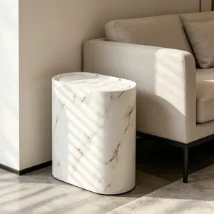 Modern Slim Oval Trash Can with Press Lid, Waterproof & Stylish Marble Print Garbage Bin for Small Spaces & Home Decor