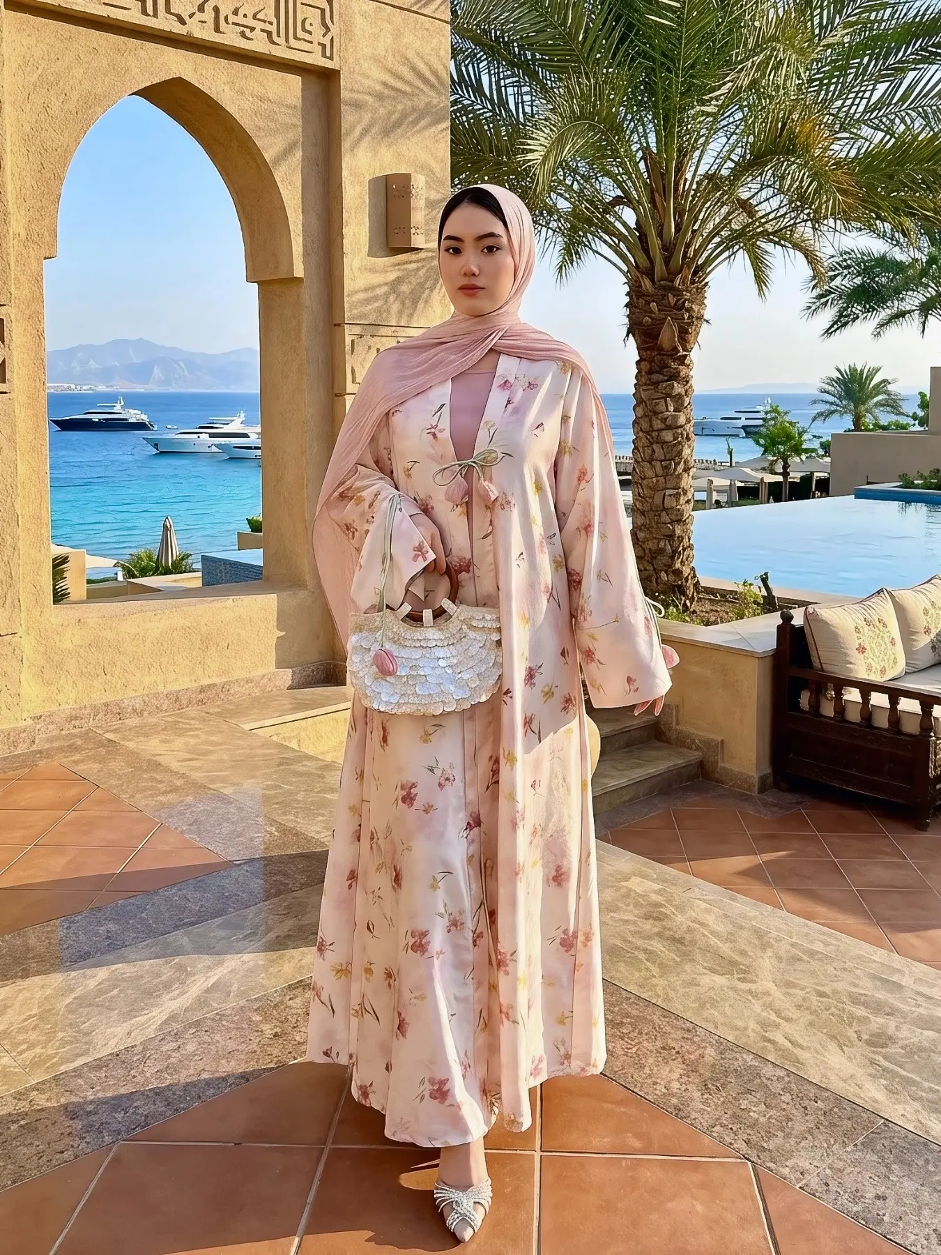 Arabic Women Abaya Set, Floral Print Abaya, Tulip Decoration Satin Kimono and Dress, Romantic Floral Summer, Elegant and Stylish, Modesty Muslim Clothing, Elegant Islamic Clothing, Islamic Modesty Clothes, Modest Muslim Outfits