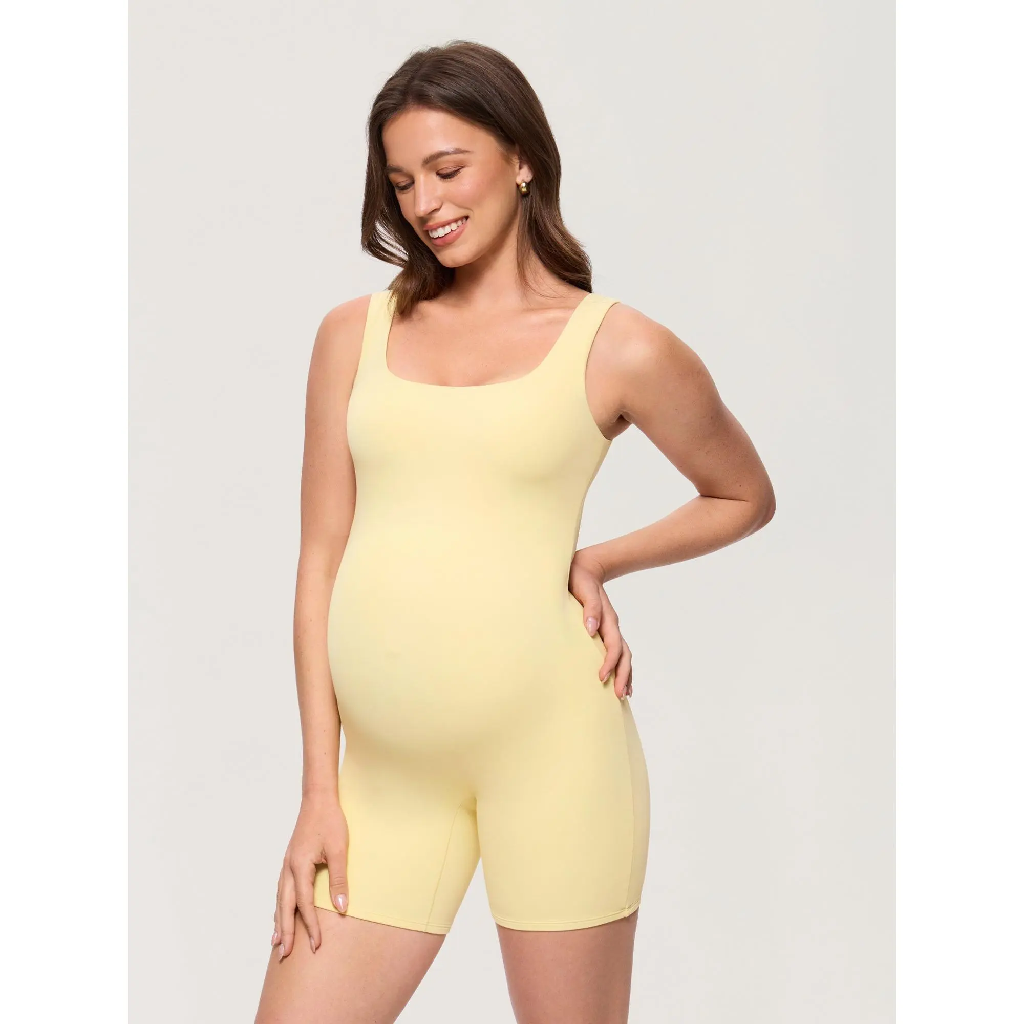 MOMANDA Women' s Maternity Bodysuit Sleeveless Shorts Jumpsuit Square Neck Tank Top for Pregnancy Soft