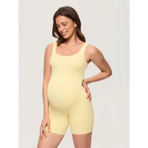 MOMANDA Women' s Maternity Bodysuit Sleeveless Shorts Jumpsuit Square Neck Tank Top for Pregnancy Soft