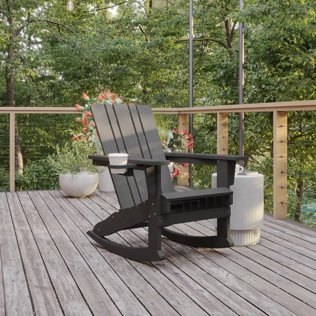 Flash Furniture Halifax HDPE Plastic Rocking Chair - LE-HMP-1045-31-GY-GG, Fixed Arms, Cup Holder, Weather Resistant, Gray Outdoor Adirondack Chair