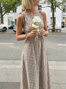 New Plaid Long Dress, Bow Shoulder Straps, Ruffled Waist Design, Casual Office Style, Perfect for Vacation, Daily Wear, Elegant Summer Dress