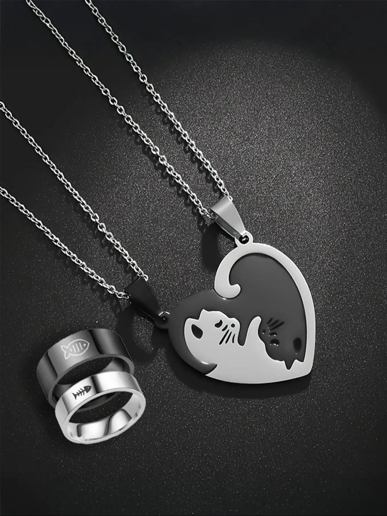Cute Cat Design Pendant Necklace & Ring & Bracelet, Stainless Steel for Women & Men, Trendy All-match & Exquisite Matching Fashion Jewelry Set for Birthday Gift