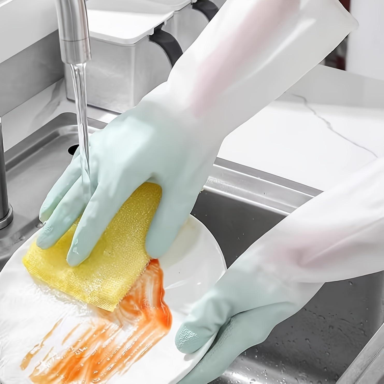 3 Pair Two Tone Long Cuff Cleaning Gloves, Non Slip Household Dishwashing Gloves, Waterproof Rubber Work Gloves for Kitchen Washing, Bathroom Scrubbing, Household Chores
