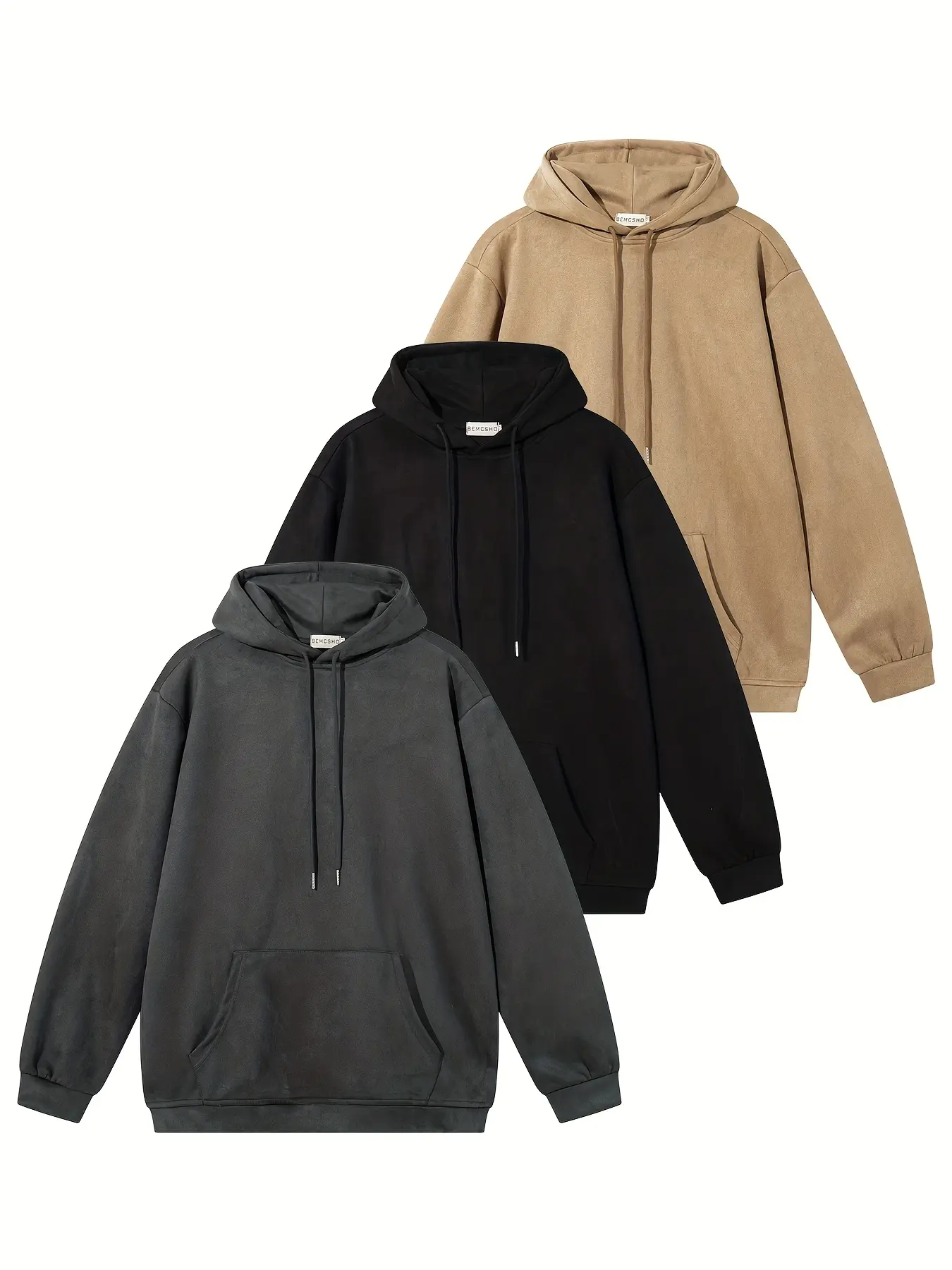 Men's Suede Hoodie Set, Fall New Fashion Solid Color Casual Pullover, Trendy Versatile Hooded Sweatshirt Jacket, 3 Piece Pack