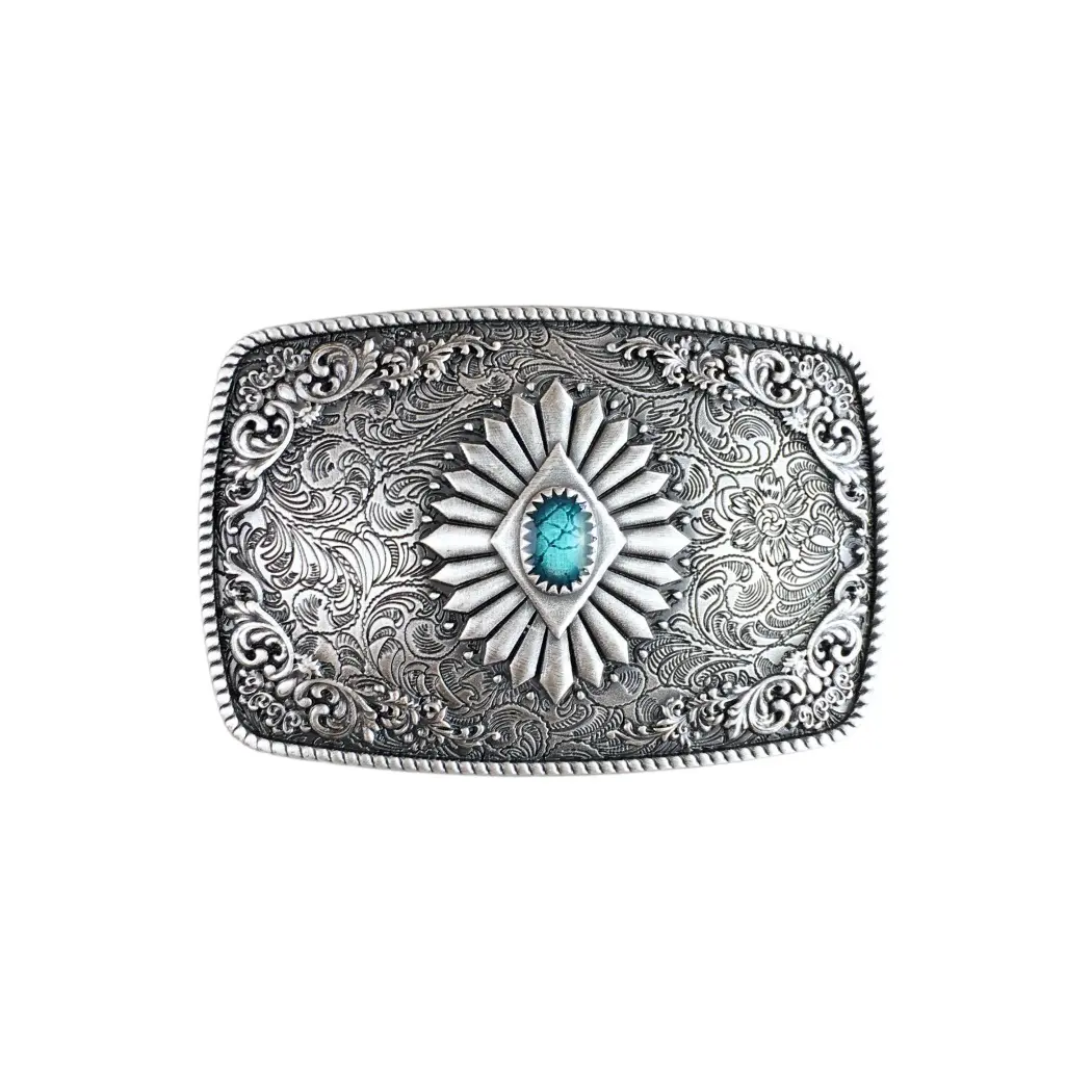 Vintage Silver Plated Enamel Southwest Rectangle Belt Buckle Hebilla