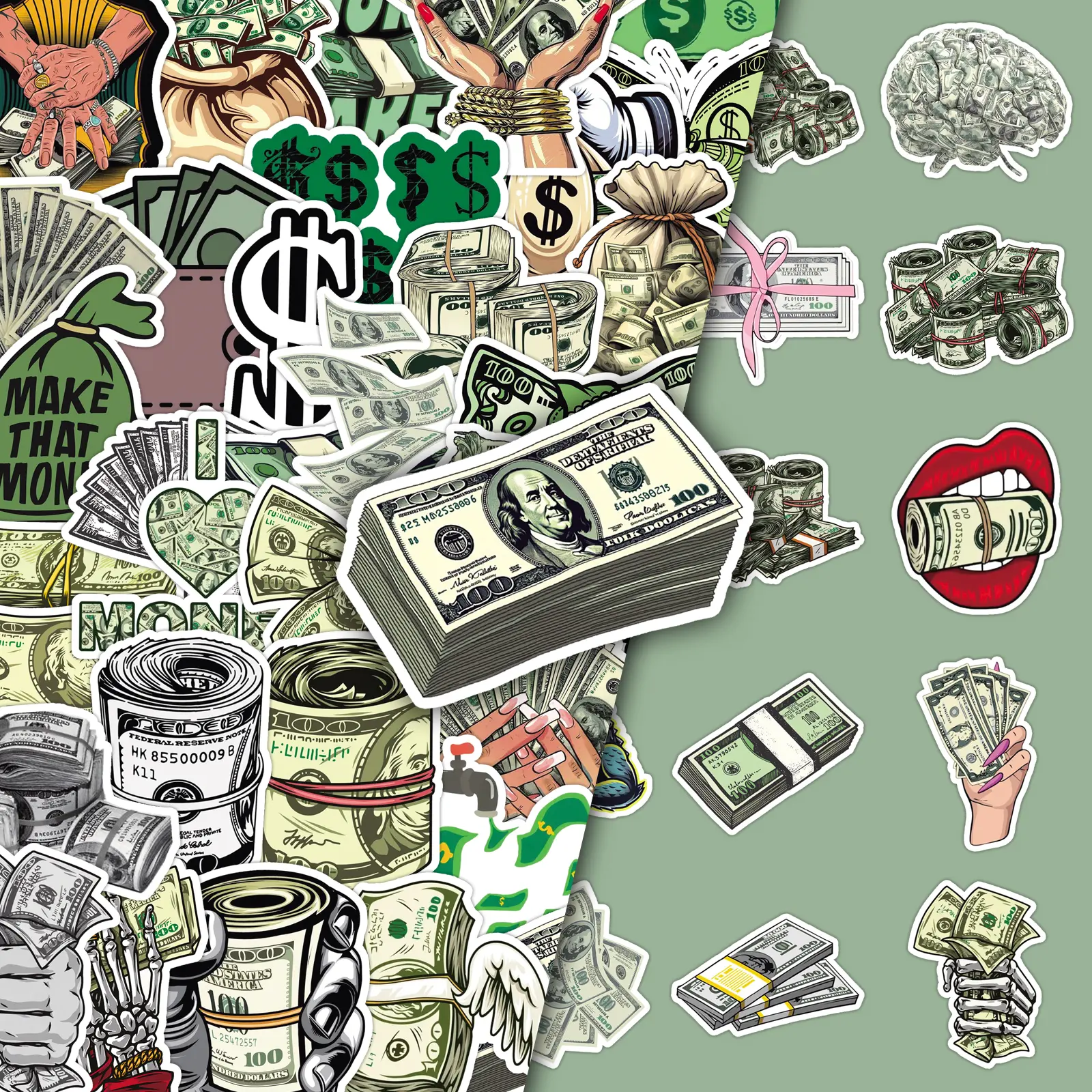50-Pack Dollar Bill Stickers - Creative Cartoon Doodle Decals Accessories for Journals, Phone Cases & Notebooks (Funny Money Design, Graffiti Art Style) Smartphone